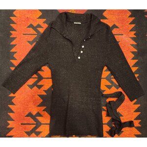 VINTAGE Glam Mod Black Ribbed Knit Sweater Rhinestone Buttons, Tie Waist